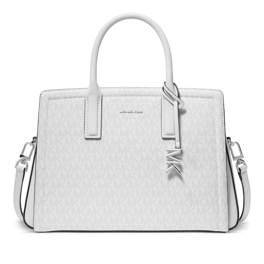 MICHAEL KORS Laila Medium Signature Logo Satchel  Color White/Allum